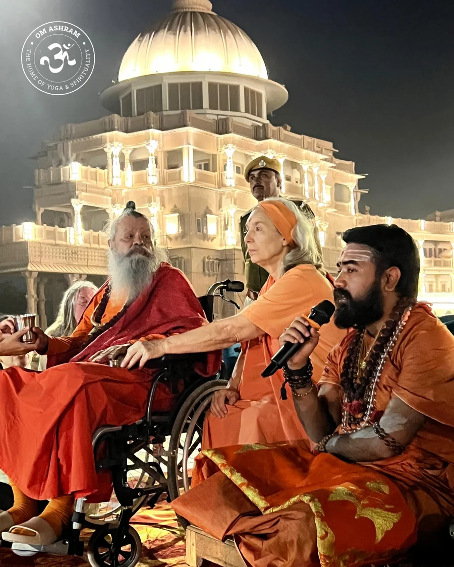Illuminated OM-shaped building Jadan for Holi festival.